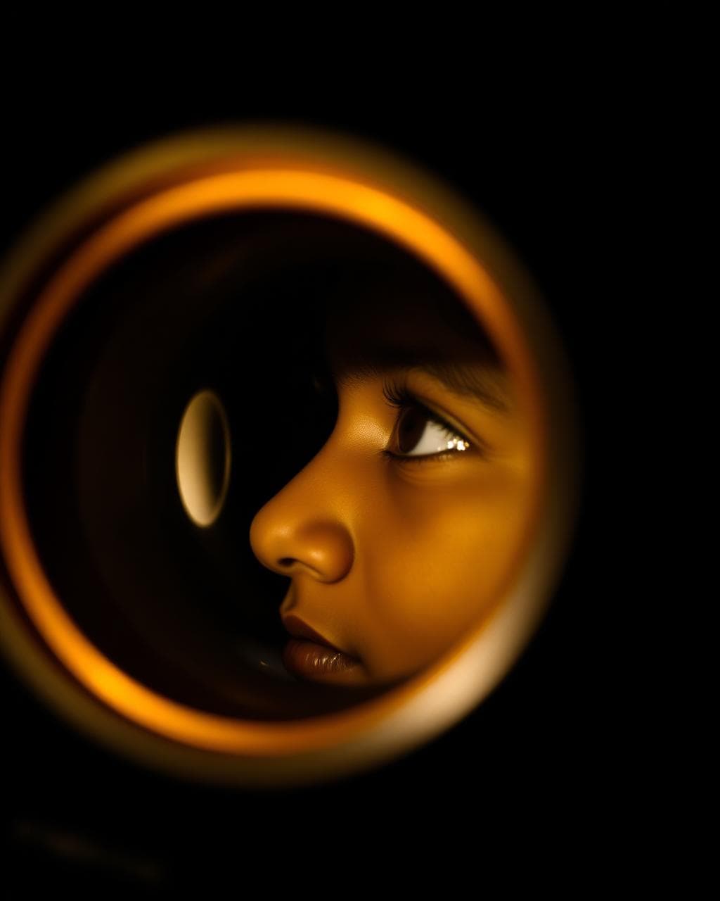A young eye peering through a telescope eyepiece